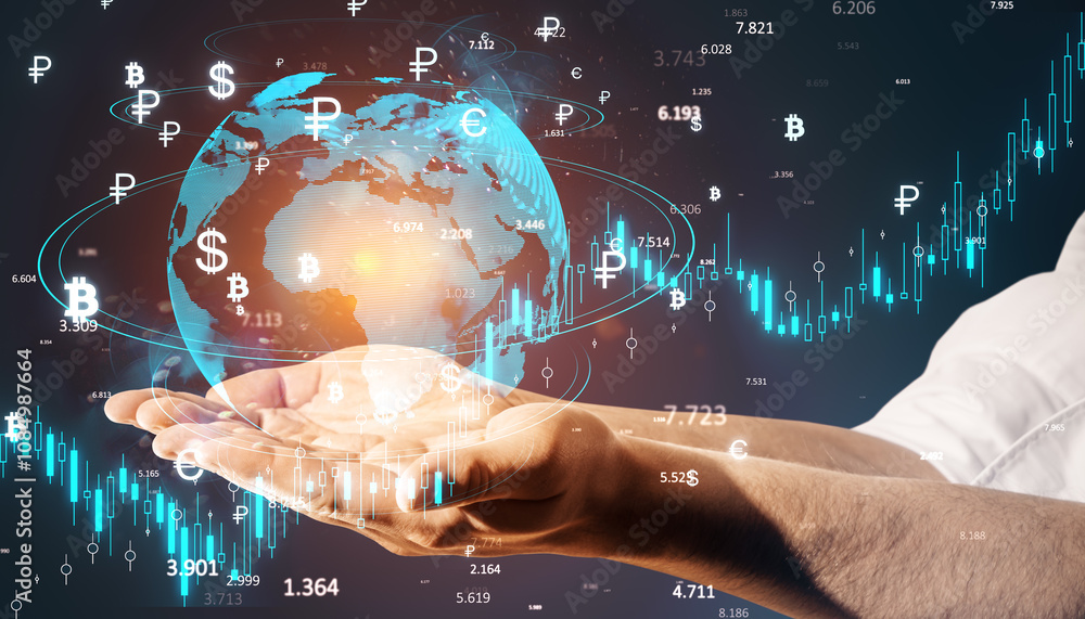 Aufkleber global currency exchange and trading concept with digital elements.