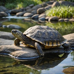 Obraz premium A turtle basking on a rock in a zen garden pond.