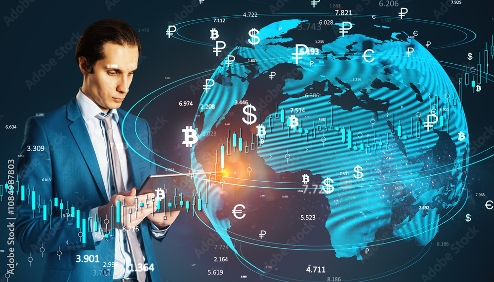 Poster businessman analyzing global currency trends on tablet with digital world map and symbols.