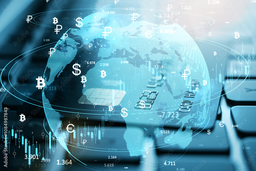 Poster Global Currency Exchange Concept with Digital Symbols and Charts Overlayed on World Map.