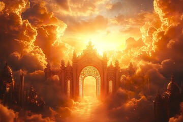 Obraz premium Glistening gates of golden heaven in the sky surrounding. Generative Ai