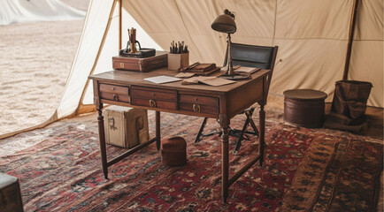 a vintage and modern explorer's desk in a big tent in the desert of saudi arabia