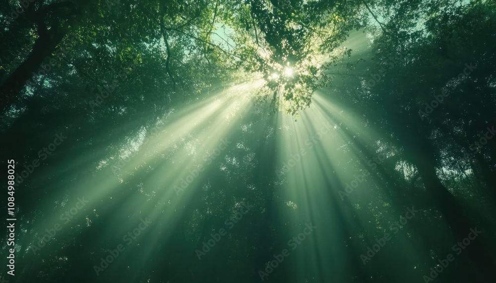 Poster sun rays shining through the canopy of trees in a dense forest.