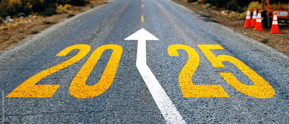 Poster road to 2025 with arrow on asphalt, symbolizing forward direction and success.