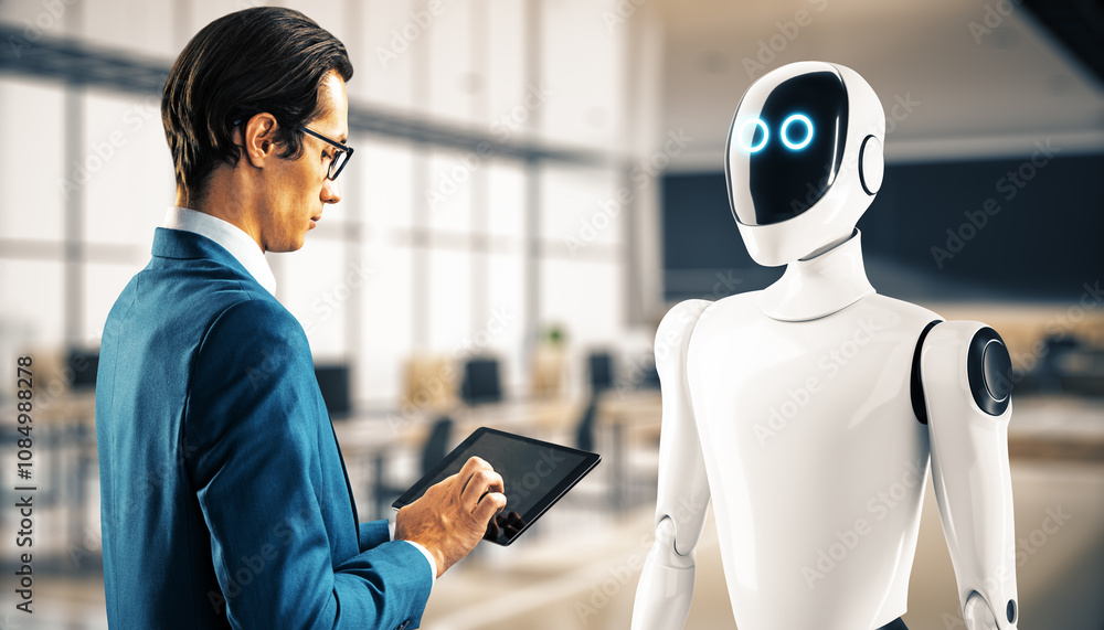 Poster Man with tablet interacting with humanoid robot in office environment, symbolizing AI and technology collaboration.