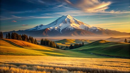 Obraz premium Golden Hour Serenity A snow-capped mountain peaks majestically above rolling green hills and a field of golden wheat bathed in the warm glow of the setting sun.