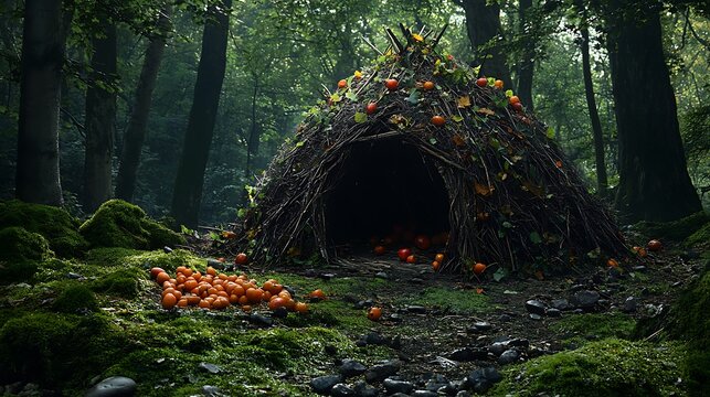 The generative AI of the fairy tale hut of a tiny wood dweller macro view