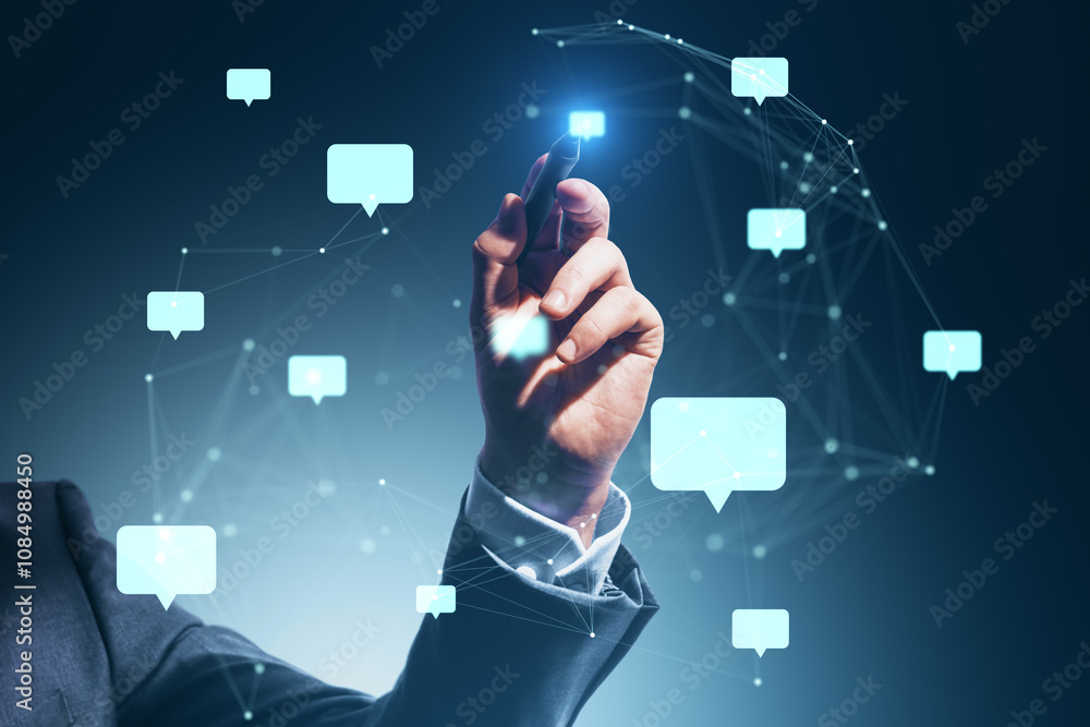 Poster hand interacting with glowing speech bubbles and network connections on dark background. concept of 