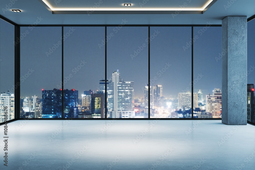 Poster empty modern room with large windows overlooking a city skyline at night. minimalist interior design