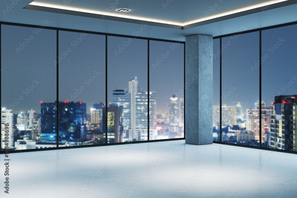 Aufkleber modern empty room with large glass windows overlooking a city skyline at night. clean and minimalist