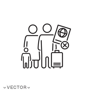 deportation icon, forced population transfer, exile, deported family, thin line symbol isolated on white background, editable stroke eps 10 vector illustration