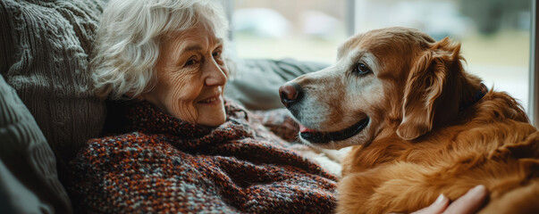 therapy dog brings joy to elderly woman, enhancing her well being and comfort. warm interaction highlights bond between them, showcasing love and companionship