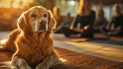 therapy dog lies calmly on mat during group session, radiating warmth and comfort. serene atmosphere enhances emotional connection among participants