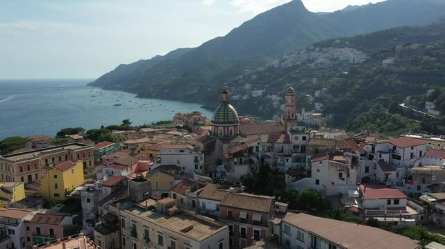 Aerial view of the sea, promenade and central part of the town of Vietri sul Mare on a sunny summer day, Raite, Salerno, Italy