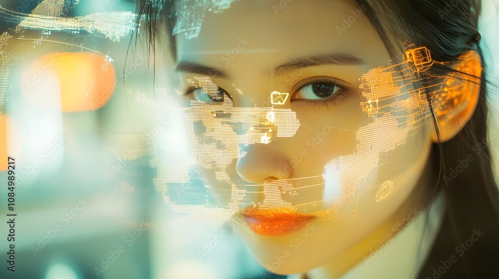Poster 18. a close-up of a businesswoman is face with overlapping abstract lines and symbols representing g