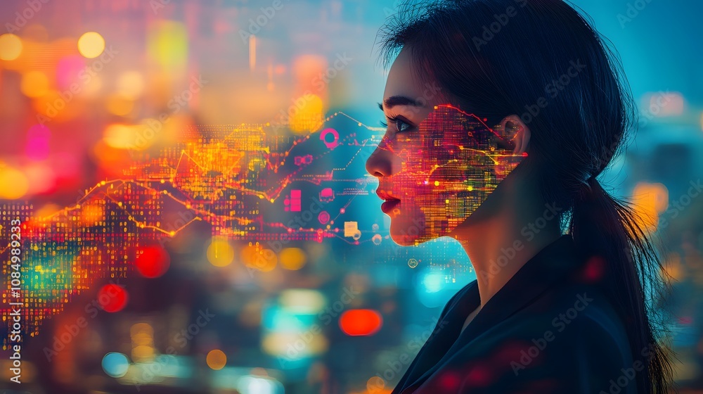Poster 18. a close-up of a businesswoman is face with overlapping abstract lines and symbols representing g
