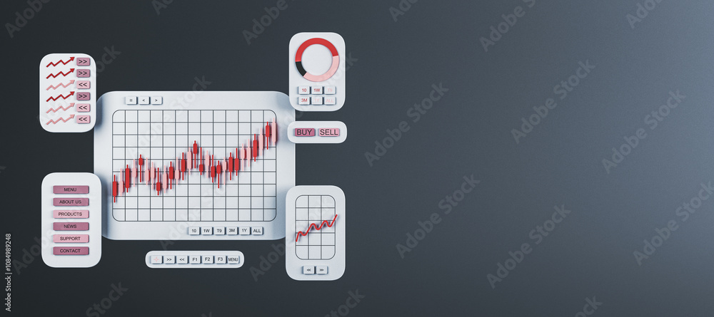 Poster Trading dashboard interface with red candlestick charts and buttons on a dark background, showing financial data for market analysis. 3D Rendering