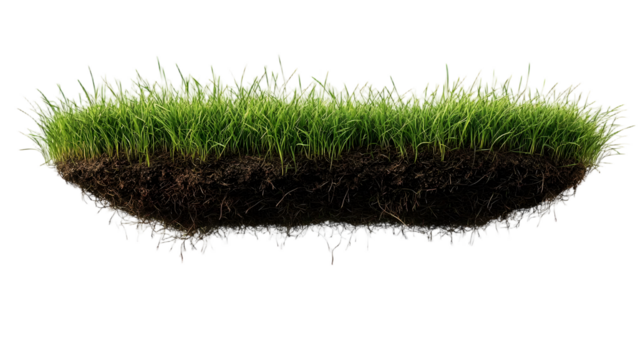3d rendered, isolated grass field flying in air, isolated on white. Floating Piece of land with green grass surface and soil section. Flying land grass texture and empty grass field isolated..