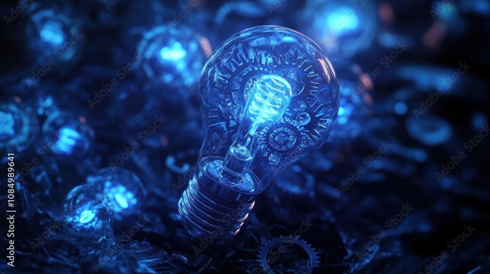 Poster a glowing light bulb made of gears and cogs represents innovation and creativity, surrounded by othe