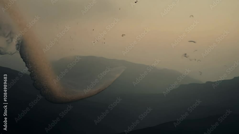 Poster camera pans across a moody scene with subtle lighting, soft particles drift slowly adding a mysterio