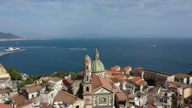 Aerial view of the sea, promenade and central part of the town of Vietri sul Mare on a sunny summer day, Raite, Salerno, Italy