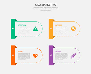 AIDA marketing infographic outline style with 4 point template with round container and rectangle badge on side for slide presentation