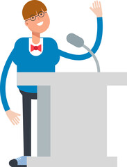 Boy with Bowtie Suit Character Speaking on Podium
