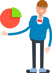 Boy with Bowtie Suit Character Holding Pie Chart
