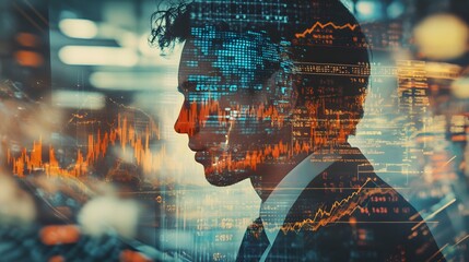 21. A double exposure of a corporate manager overlaid with images of a stock exchange and fluctuating market trends