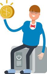 Boy with Bowtie Suit Character Sitting on Safe and Holding Dollar Coin
