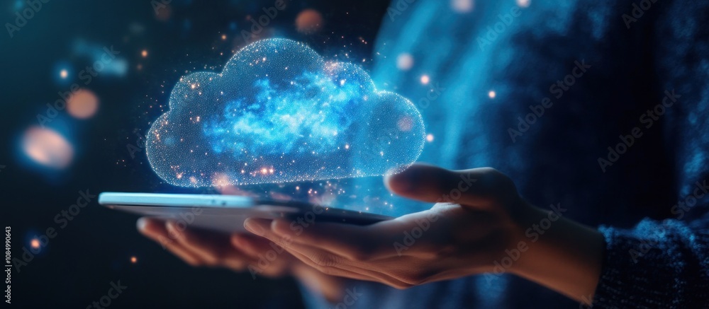 Fototapete Person holding a smartphone with a glowing cloud icon above it, symbolizing cloud computing and data storage.