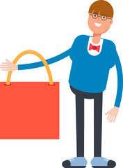 Boy with Bowtie Suit Character Holding Shopping Bag
