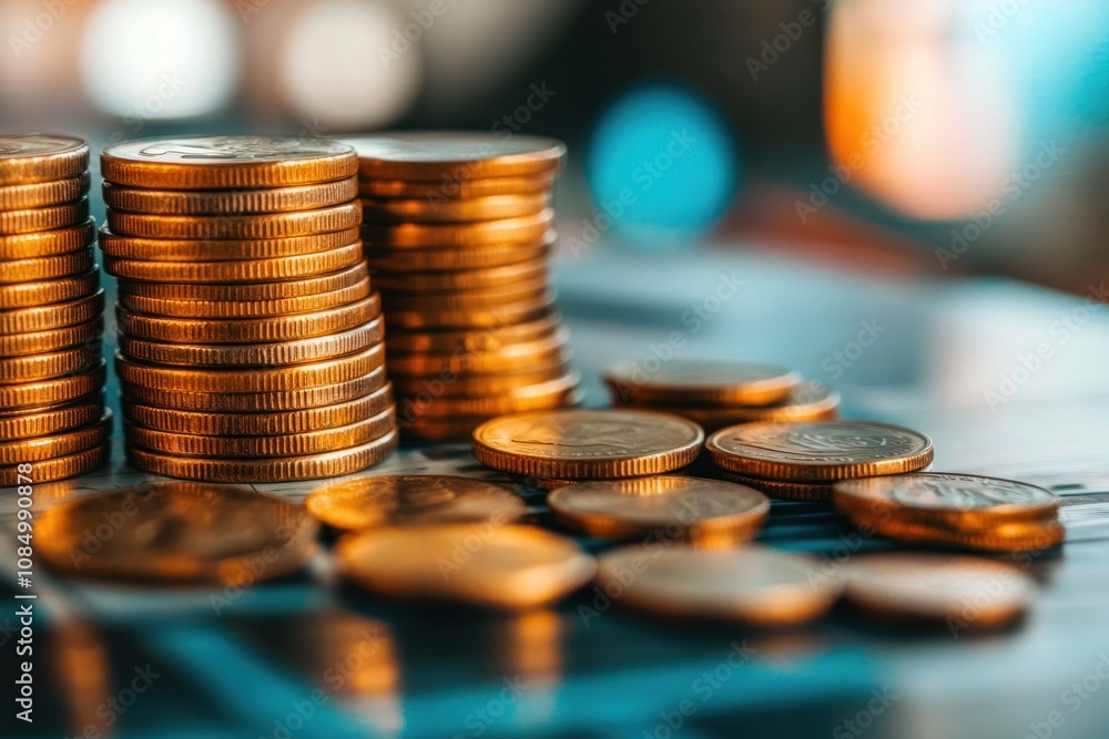 Poster stacks of golden coins on a financial chart with a blurred background.