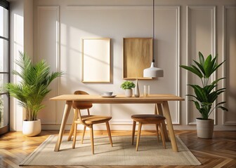 Fototapeta premium Minimalist Room with Table and Poster, AI Photo, Interior Design, Modern Decor