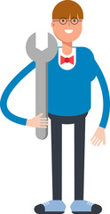 Boy with Bowtie Suit Character Holding Wrench
