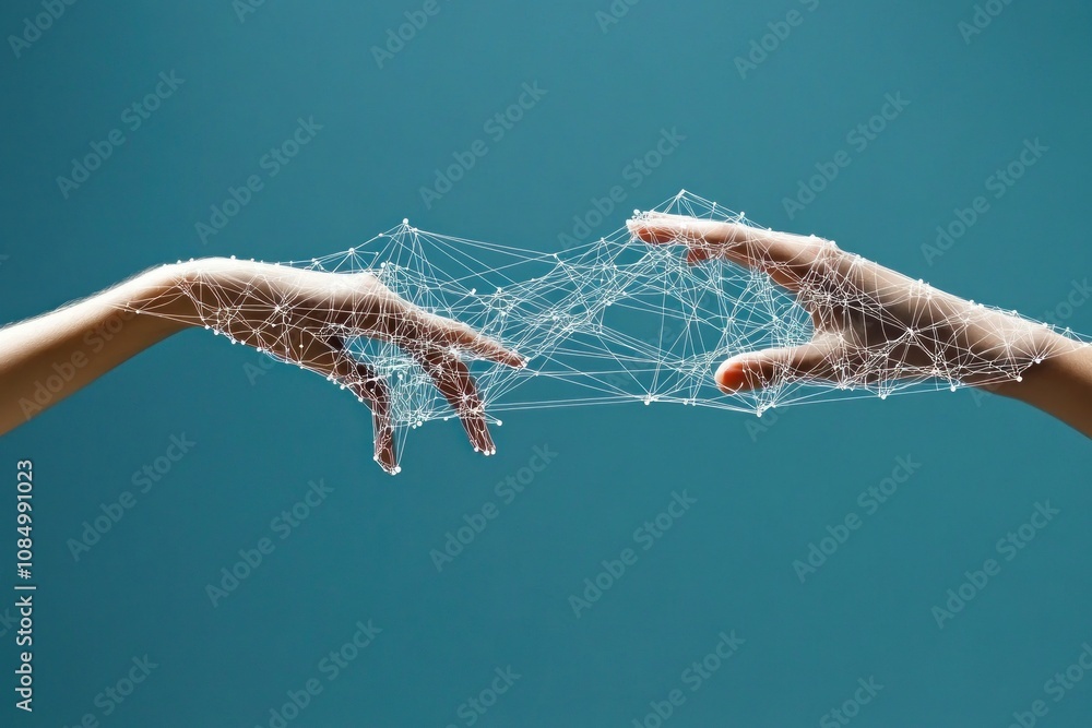 Poster two hands reaching out, connected by a digital web of lines, against a teal background.