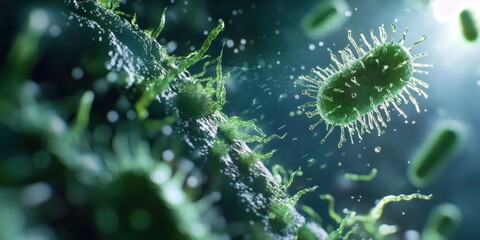 A single green bacterium, with a rod shape and many pili, floats in a liquid medium surrounded by other smaller bacteria.