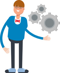 Boy with Bowtie Suit Character Holding Gears
