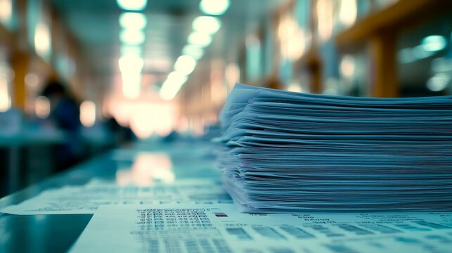 Stacked exam sheets and paperwork in a busy office setting.

