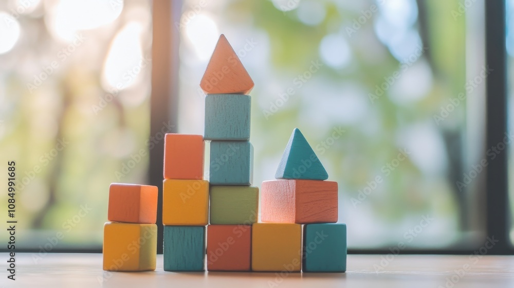 Poster a serene block-building scene with colorful bricks arranged creatively, playful construction style, 