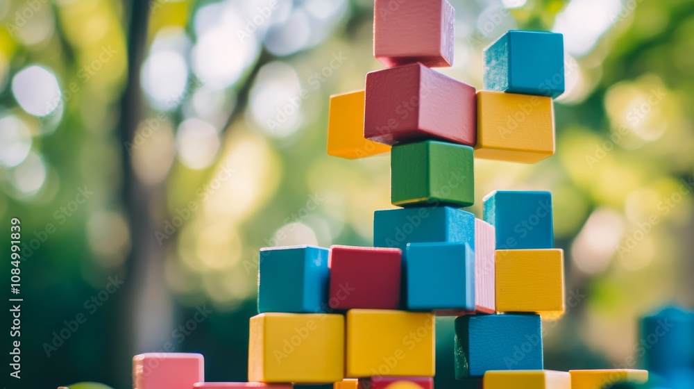 Poster a serene block-building scene with creatively arranged colorful bricks, playful construction style, 