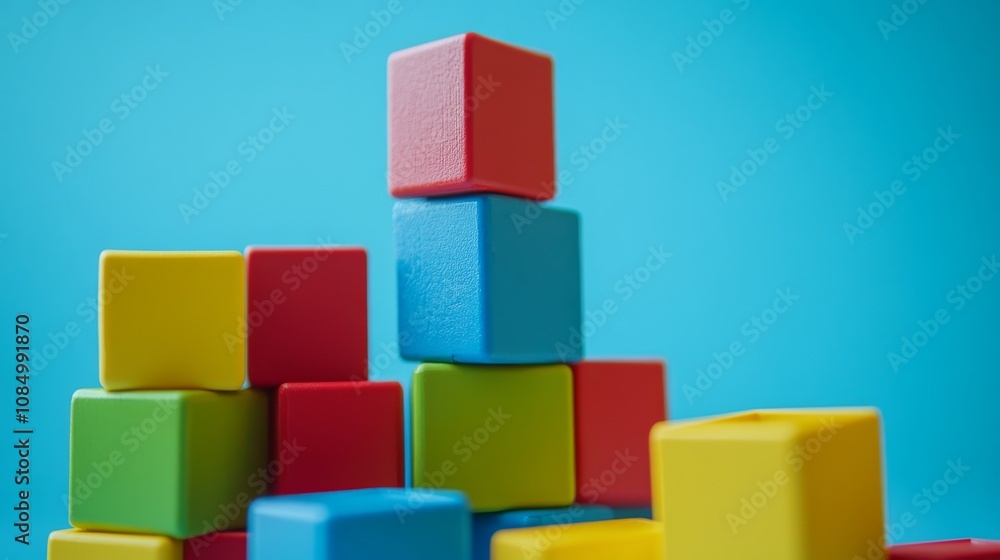 Poster a serene block-building scene with creatively arranged colorful bricks, playful construction style, 