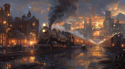 Fototapeta premium Historic Steam Train with Modern Freight Contrast