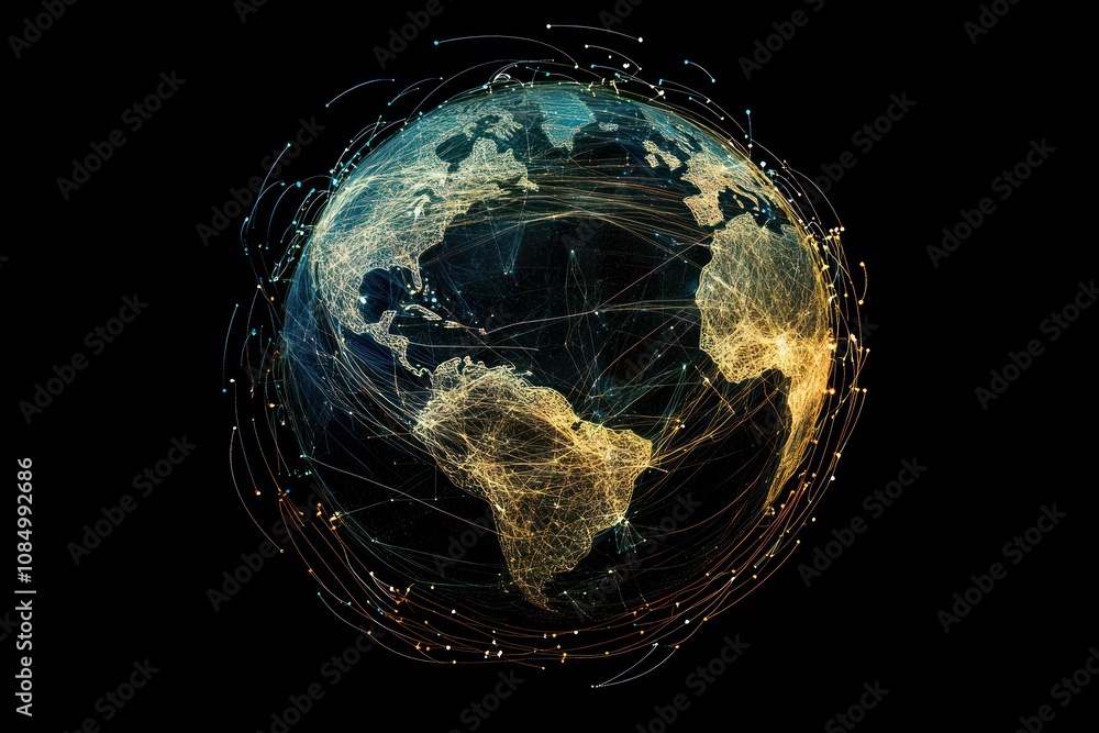 Aufkleber A glowing earth with abstract lines representing connections and global communication on a black background.