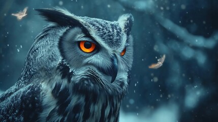 Illustration of an owl with sharp orange eyes, set against a mystical and dark background to enhance its intensity