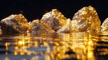 Fototapeta premium Shiny golden rocks of different sizes with sparkling surfaces.