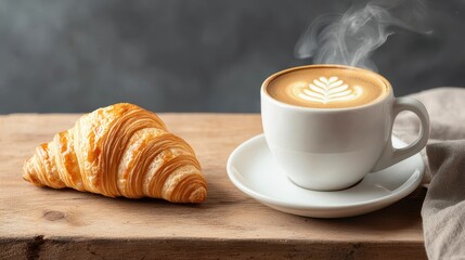 Freshly Brewed Coffee with a Beautiful Latte Art Design Next to a Flaky Croissant on a Rustic Wooden Table Capturing a Cozy Breakfast Moment