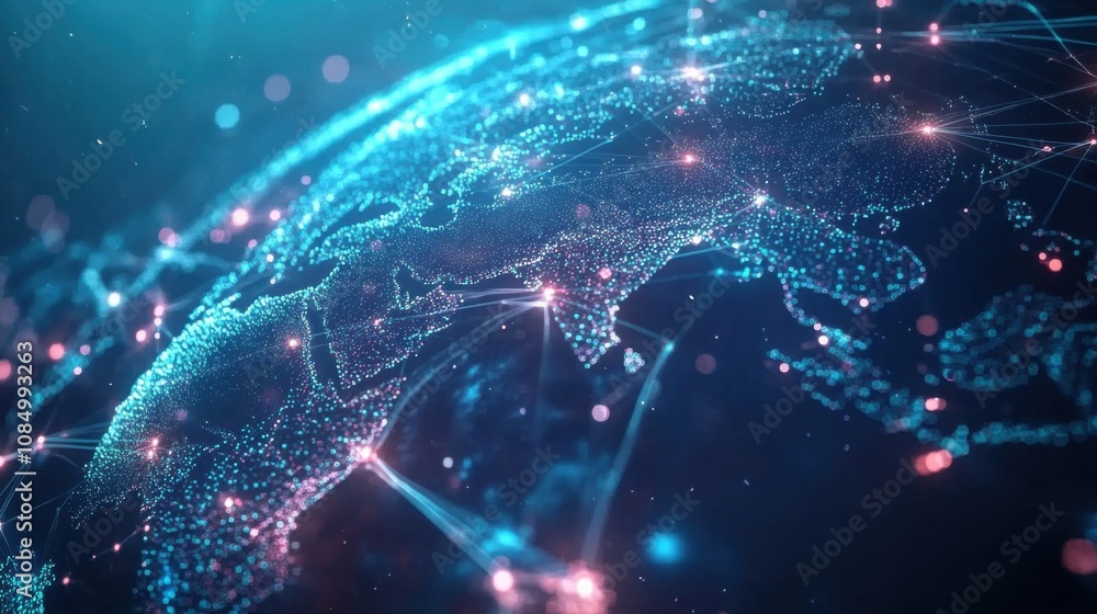 Poster world map with network lines on a blue background, representing global connectivity and technology