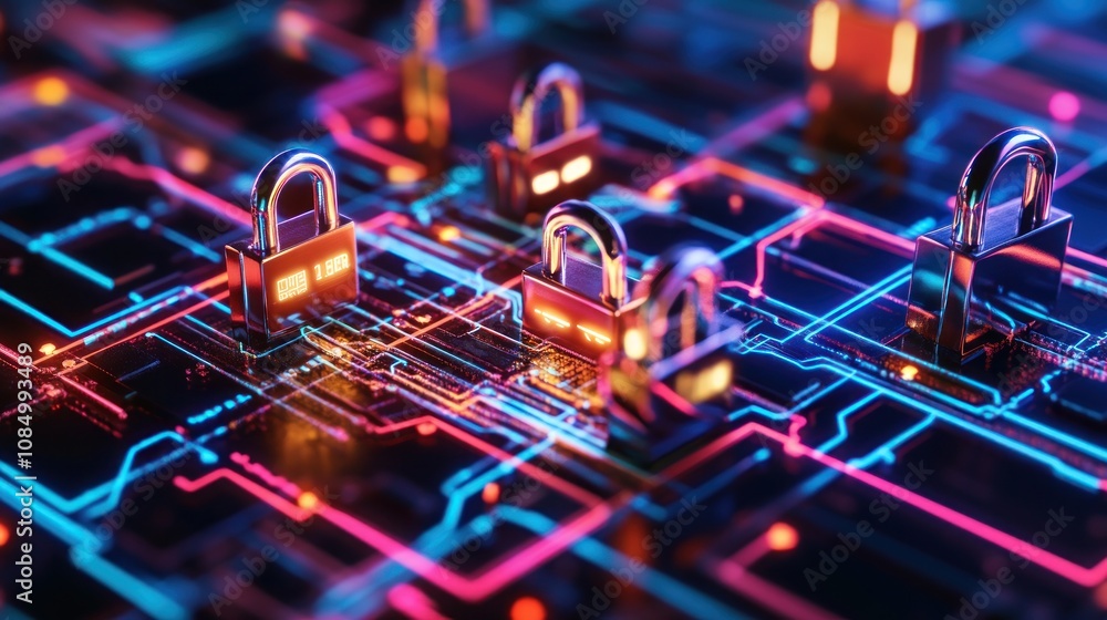 Poster Multiple shiny padlocks resting on a glowing circuit board, a concept of cybersecurity.