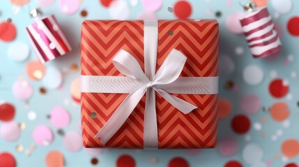 Obraz premium Newyear gift and confetti.A beautifully wrapped red gift box with a white ribbon, surrounded by colorful decorations on a pastel background, creating a festive atmosphere.